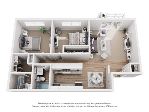 A 3D floor plan of a house with a kitchen, living room, and two bedrooms.